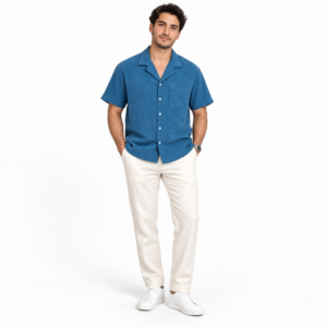Aegean Corduroy Resort Shirt, oceanic blue micro-corduroy short-sleeve camp collar shirt